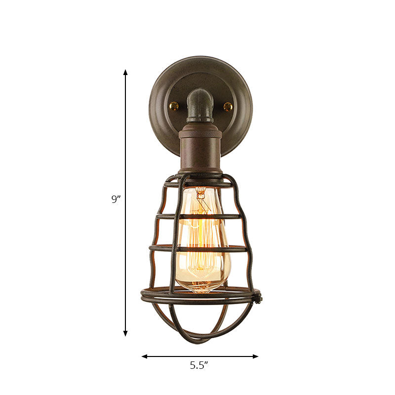 Sikunuo | Rust Finish Mini Wall Lamp with Cage Shade Antique Style Iron 1 Light Farmhouse Wall Mount Lighting