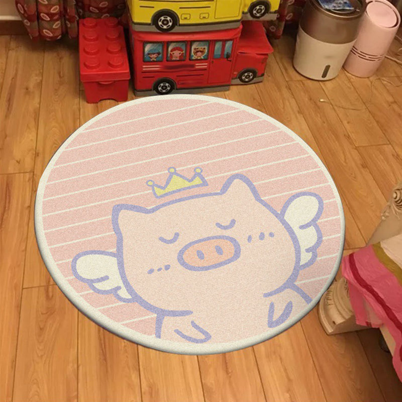 Sikunuo | Unique Kids Rug in Pink Animal Pig Wings Stripe Pattern Rug Polyester Machine Washable Carpet for Nursery