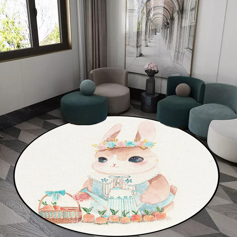 Sikunuo | Cute Kids Rug in White Animal Owl Rabbit Sloth Pattern Rug Polyester Non-Slip Washable Rug for the Children's Room
