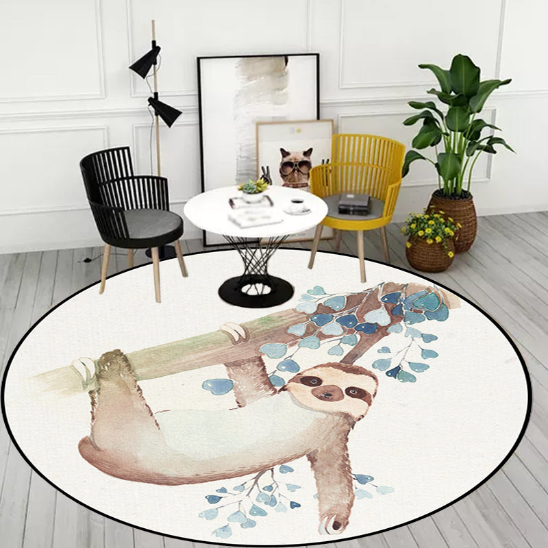 Sikunuo | Cute Kids Rug in White Animal Owl Rabbit Sloth Pattern Rug Polyester Non-Slip Washable Rug for the Children's Room
