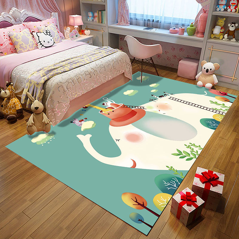 Sikunuo | Kids Bedroom Rug in Green Animal Elephant Tree Cloud Print Rug Polyester Machine Washable Rug