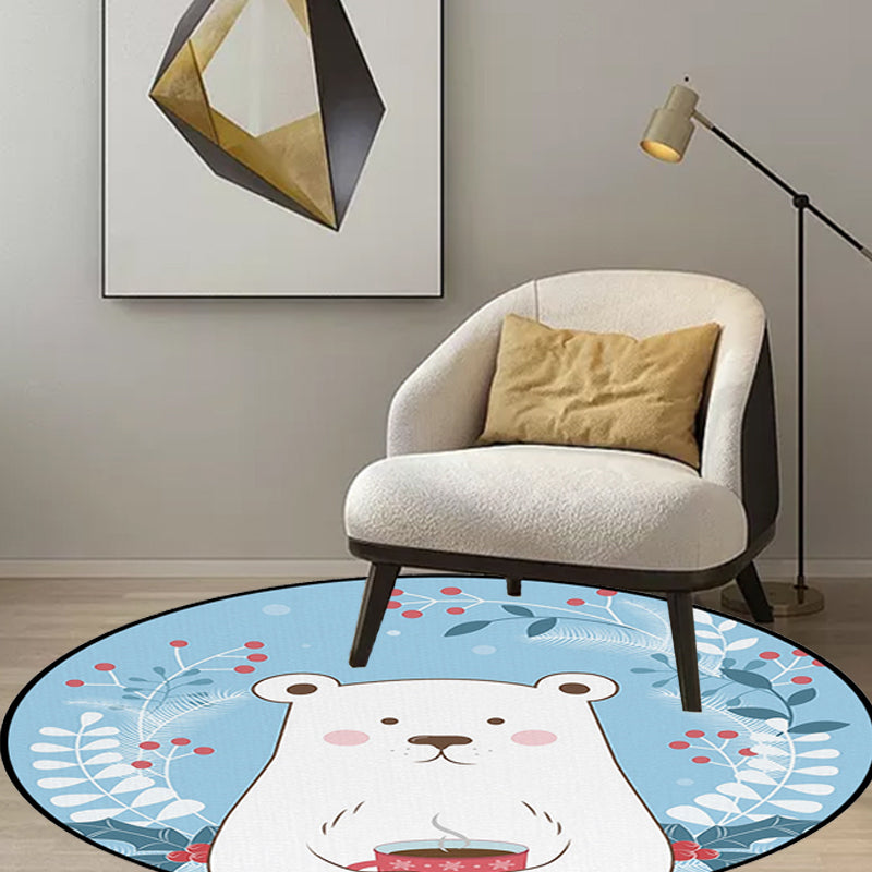Sikunuo | Kids Bedroom Carpet in Blue Animal Bear Leaf Drink Print Carpet Polyester Anti-Slip Back Carpet