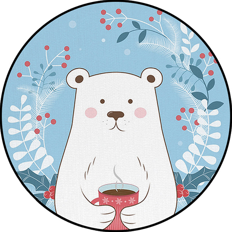 Sikunuo | Kids Bedroom Carpet in Blue Animal Bear Leaf Drink Print Carpet Polyester Anti-Slip Back Carpet