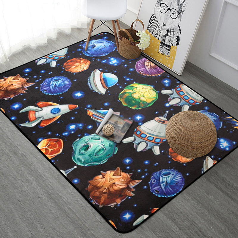 Sikunuo | Kids Children's Room Carpet in Blue and Black Space Spaceship Planet Print Carpet Polyester Machine Washable Carpet