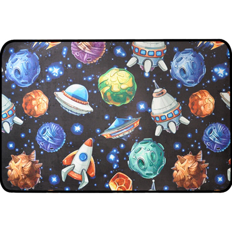 Sikunuo | Kids Children's Room Carpet in Blue and Black Space Spaceship Planet Print Carpet Polyester Machine Washable Carpet
