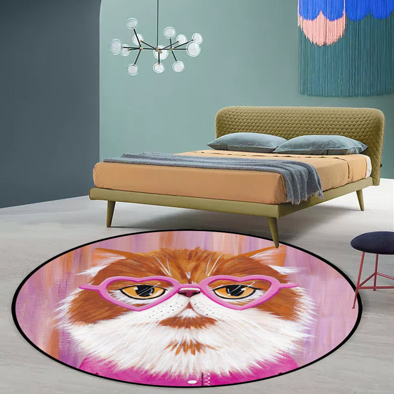 Sikunuo | Casual Kids Rug in Pink and Blue Animal Cat Pattern Rug Polyester Stain Resistant Non-Slip Rug for the Children's Room