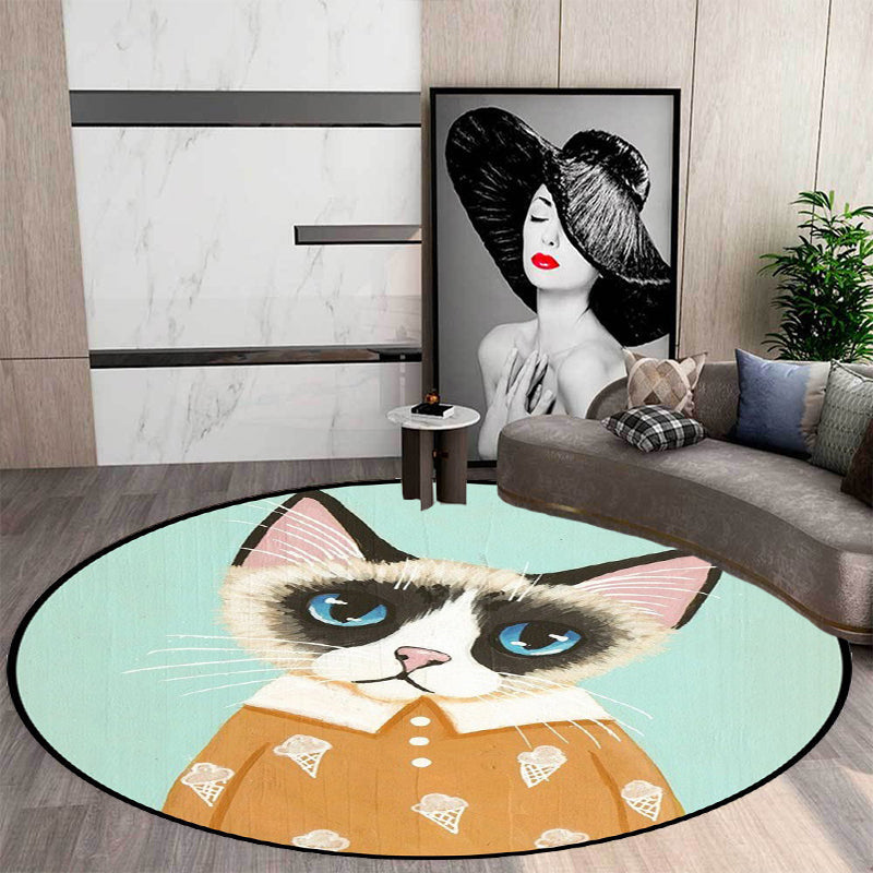 Sikunuo | Casual Kids Rug in Pink and Blue Animal Cat Pattern Rug Polyester Stain Resistant Non-Slip Rug for the Children's Room