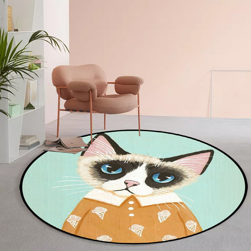Sikunuo | Casual Kids Rug in Pink and Blue Animal Cat Pattern Rug Polyester Stain Resistant Non-Slip Rug for the Children's Room