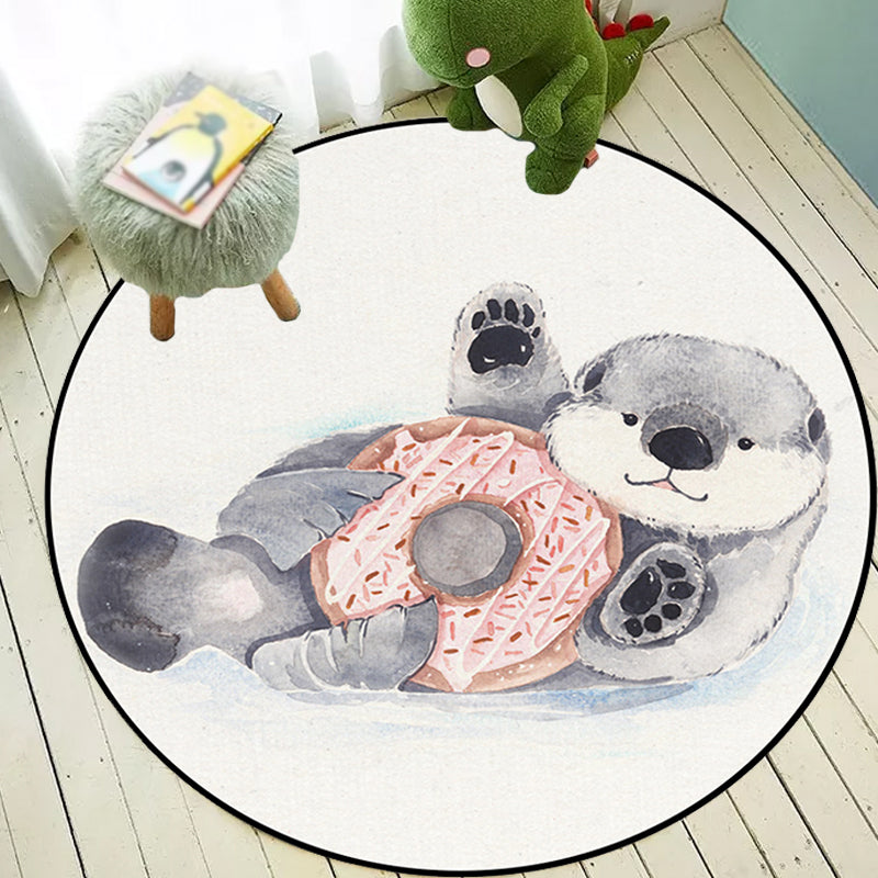 Sikunuo | Children's Room Rug in White Animal Fox Koala Alpaca Print Rug Polyester Pet Friendly Washable Area Rug