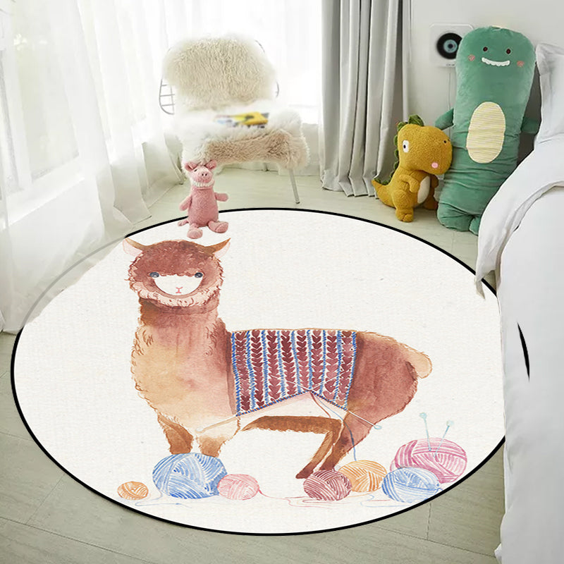 Sikunuo | Children's Room Rug in White Animal Fox Koala Alpaca Print Rug Polyester Pet Friendly Washable Area Rug