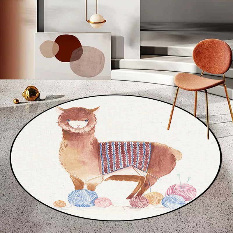 Sikunuo | Children's Room Rug in White Animal Fox Koala Alpaca Print Rug Polyester Pet Friendly Washable Area Rug