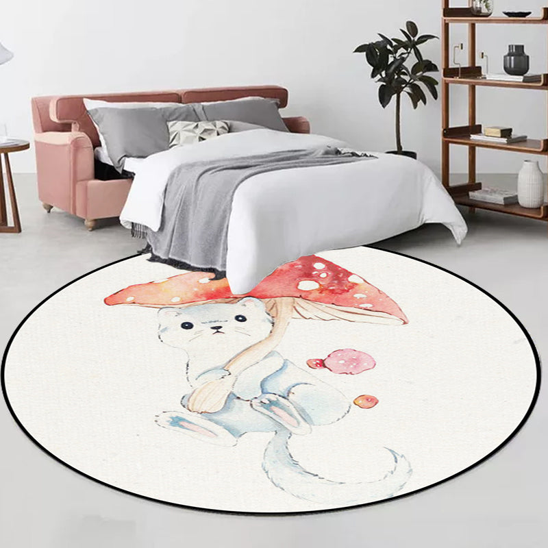 Sikunuo | Children's Room Rug in White Animal Fox Koala Alpaca Print Rug Polyester Pet Friendly Washable Area Rug