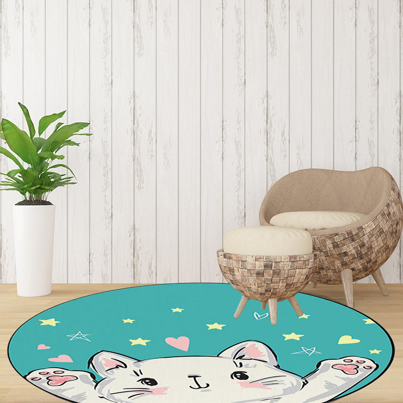 Sikunuo | Kids Room Rug in Green and Yellow Animal Cat Heart Star Print Rug Polyester Stain Resistant Area Rug