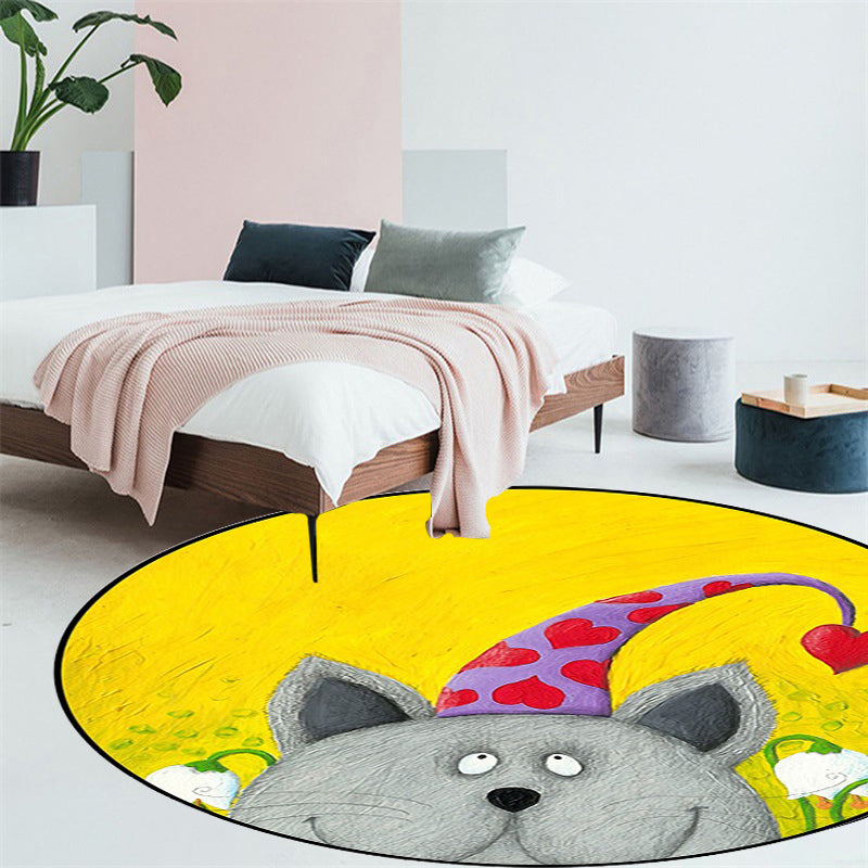 Sikunuo | Kids Room Rug in Green and Yellow Animal Cat Heart Star Print Rug Polyester Stain Resistant Area Rug