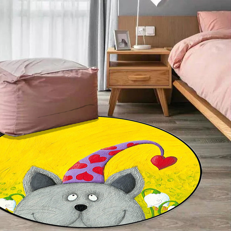 Sikunuo | Kids Room Rug in Green and Yellow Animal Cat Heart Star Print Rug Polyester Stain Resistant Area Rug