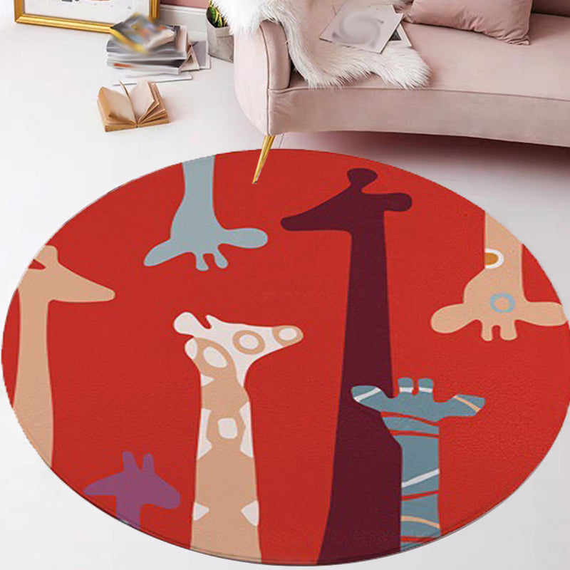 Sikunuo | Red and Yellow Children's Room Carpet Children's Animal Cat Bear Giraffe Pattern Area Rug Polyester Pet-Friendly Washable Carpet