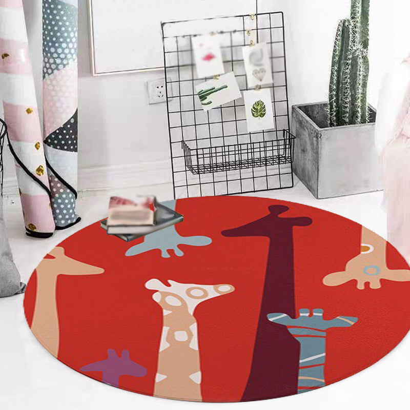 Sikunuo | Red and Yellow Children's Room Carpet Children's Animal Cat Bear Giraffe Pattern Area Rug Polyester Pet-Friendly Washable Carpet