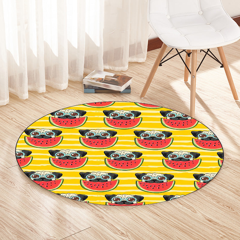 Sikunuo | Yellow and Pink Children's Room Rug Children Animal Dog Watermelon Leaf Pattern Carpet Polyester Washable Rug