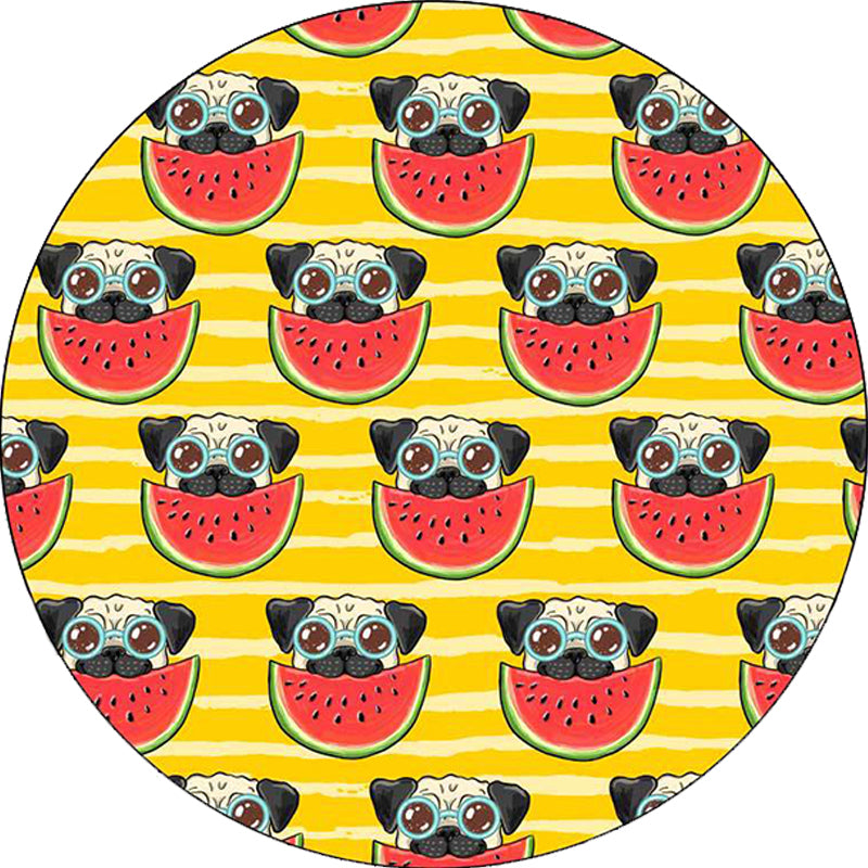Sikunuo | Yellow and Pink Children's Room Rug Children Animal Dog Watermelon Leaf Pattern Carpet Polyester Washable Rug