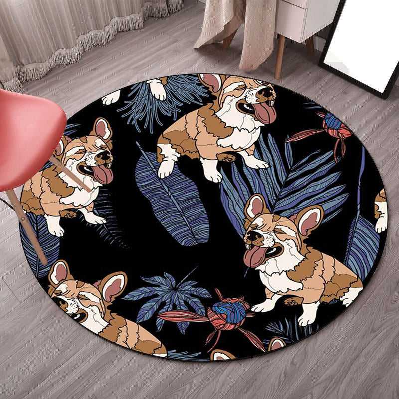 Sikunuo | Yellow and Pink Children's Room Rug Children Animal Dog Watermelon Leaf Pattern Carpet Polyester Washable Rug
