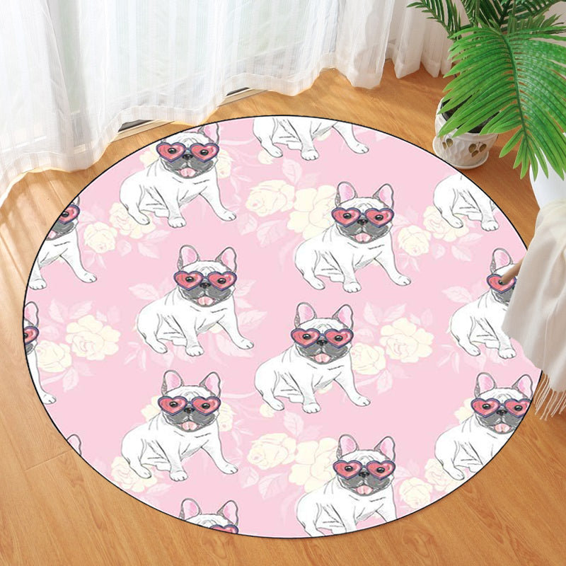 Sikunuo | Yellow and Pink Children's Room Rug Children Animal Dog Watermelon Leaf Pattern Carpet Polyester Washable Rug