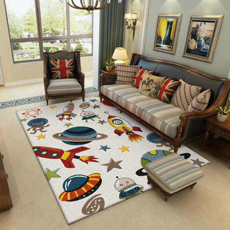 Sikunuo | Ivory Kids Room Carpet Kids Space Planet Star Rocket Pattern Carpet Polyester Pet-Friendly Carpet
