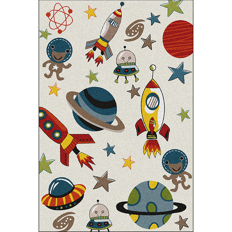Sikunuo | Ivory Kids Room Carpet Kids Space Planet Star Rocket Pattern Carpet Polyester Pet-Friendly Carpet