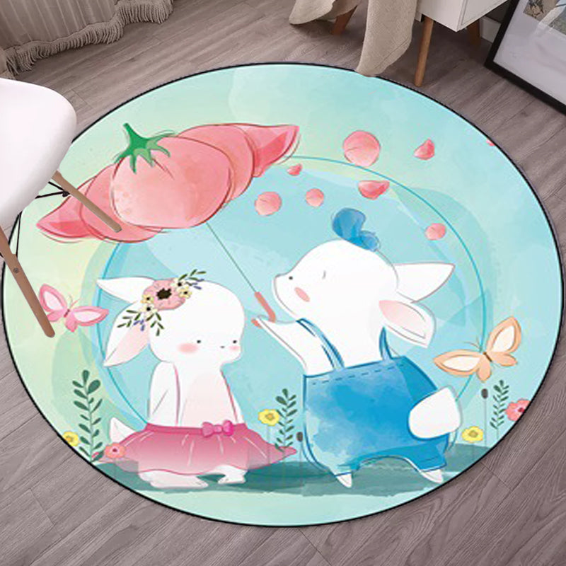 Sikunuo | Kids Bedroom Carpet in Blue Animal Elephant Rabbit Hedgehog Print Carpet Polyester Pet-Friendly Area Rug