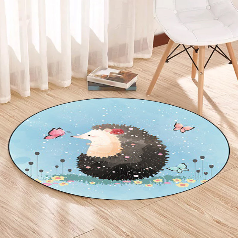 Sikunuo | Kids Bedroom Carpet in Blue Animal Elephant Rabbit Hedgehog Print Carpet Polyester Pet-Friendly Area Rug