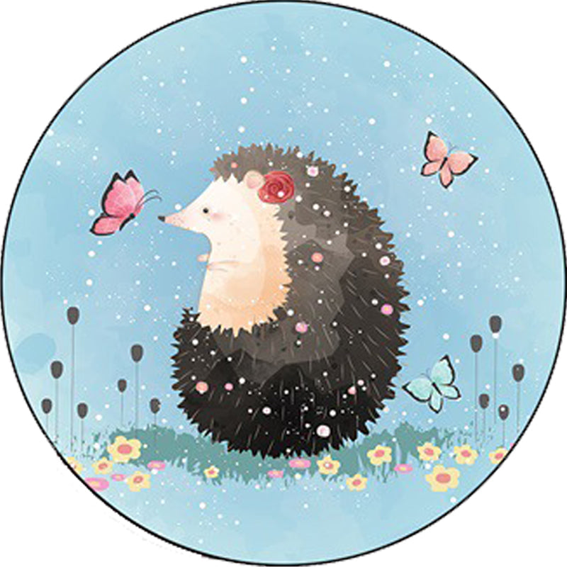 Sikunuo | Kids Bedroom Carpet in Blue Animal Elephant Rabbit Hedgehog Print Carpet Polyester Pet-Friendly Area Rug