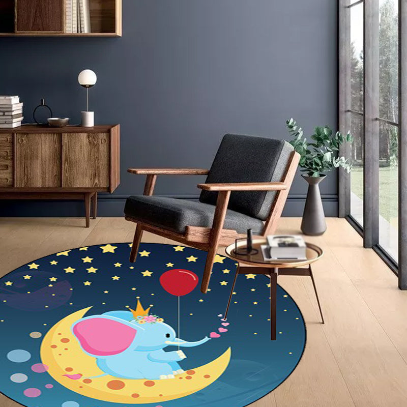Sikunuo | Kids Bedroom Carpet in Blue Animal Elephant Rabbit Hedgehog Print Carpet Polyester Pet-Friendly Area Rug