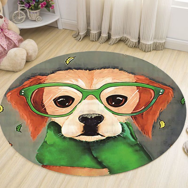 Sikunuo | Gray and Green Children's Room Carpet Kids Animal Dog Glasses Pattern Area Rug Polyester Non-Slip Machine Washable Rug