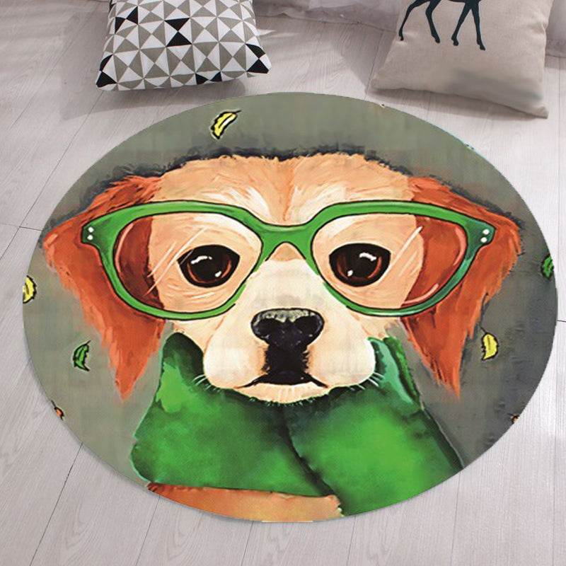Sikunuo | Gray and Green Children's Room Carpet Kids Animal Dog Glasses Pattern Area Rug Polyester Non-Slip Machine Washable Rug