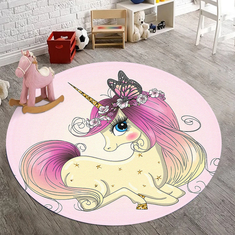 Sikunuo | Kids Bedroom Rug in Pink Animal Unicorn Butterfly Floral Print Rug Polyester Non-Slip Back Rug