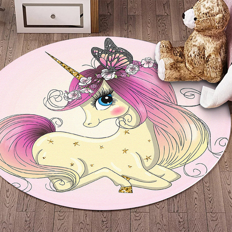 Sikunuo | Kids Bedroom Rug in Pink Animal Unicorn Butterfly Floral Print Rug Polyester Non-Slip Back Rug