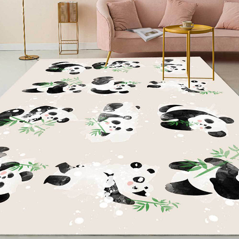 Sikunuo | Ivory Kids Room Rug Kids Animal Panda Bird Pattern Rug Polyester Non-Slip Machine Washable Rug