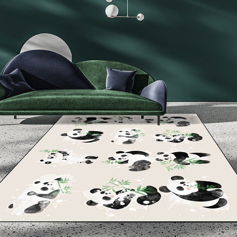 Sikunuo | Ivory Kids Room Rug Kids Animal Panda Bird Pattern Rug Polyester Non-Slip Machine Washable Rug