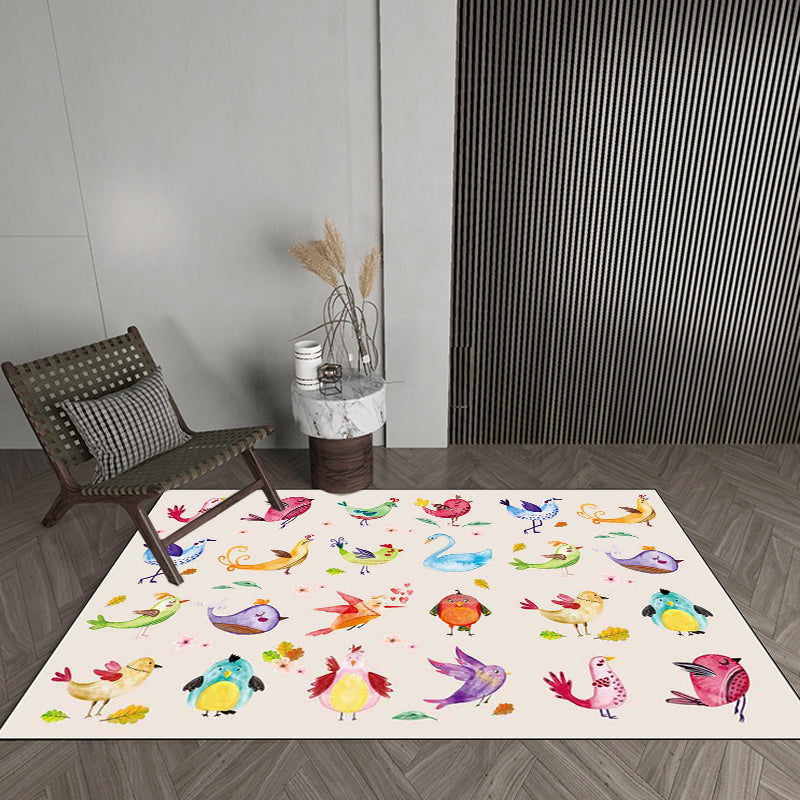 Sikunuo | Ivory Kids Room Rug Kids Animal Panda Bird Pattern Rug Polyester Non-Slip Machine Washable Rug