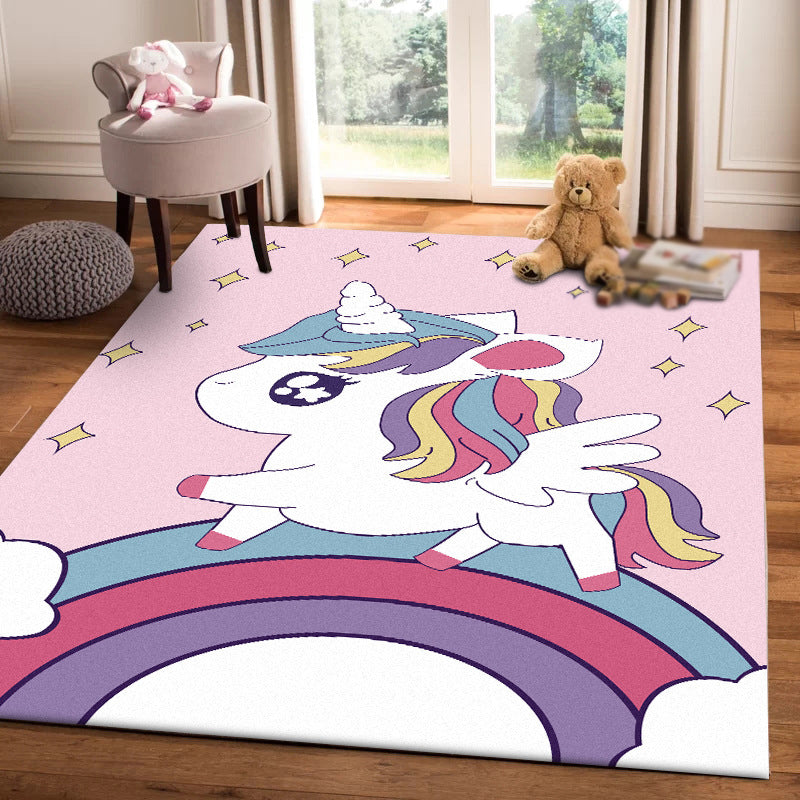 Sikunuo | Pink Children's Room Carpet Children Animal Unicorn Rainbow Pattern Rug Polyester Non-Slip Backing Carpet