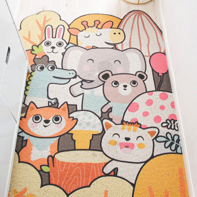 Sikunuo | Children Irregular Kids Room Rug in Yellow and Gray Animal Cat Rabbit Penguin Print Rug Polyester Non-slip Area Rug