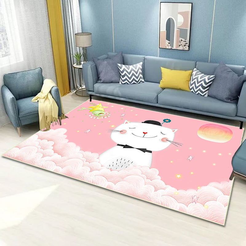 Sikunuo | Casual Kids Rug in Pink Animal Cat Cloud Pattern Rug Polyester Non-Slip Back Washable Rug for the Kids Room