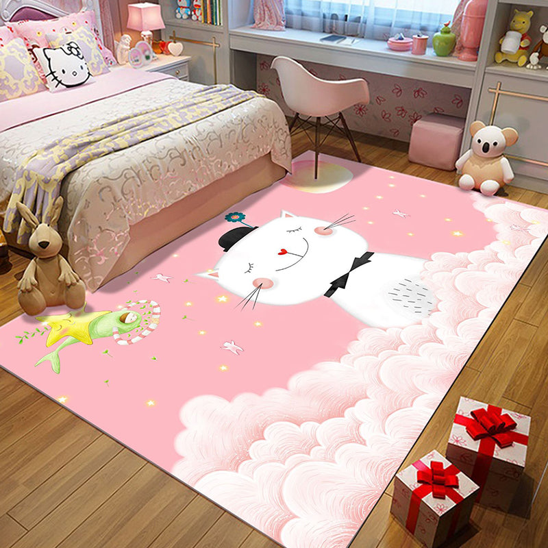 Sikunuo | Casual Kids Rug in Pink Animal Cat Cloud Pattern Rug Polyester Non-Slip Back Washable Rug for the Kids Room