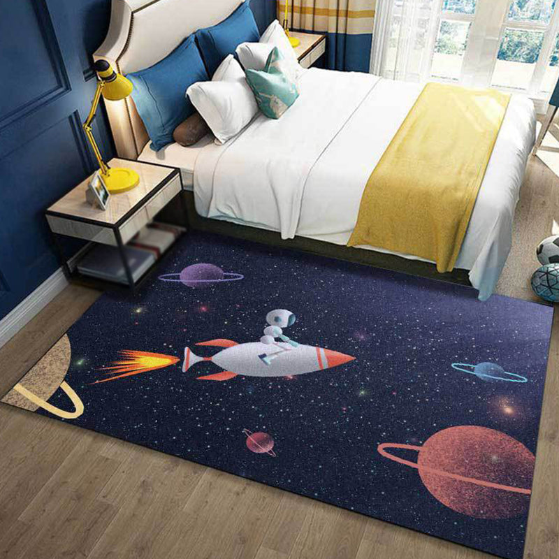 Sikunuo | Kids Bedroom Carpet in Blue Outdoor Space Galaxy Rockets Astronaut Print Carpet Polyester Non-Slip Backing Area Rug
