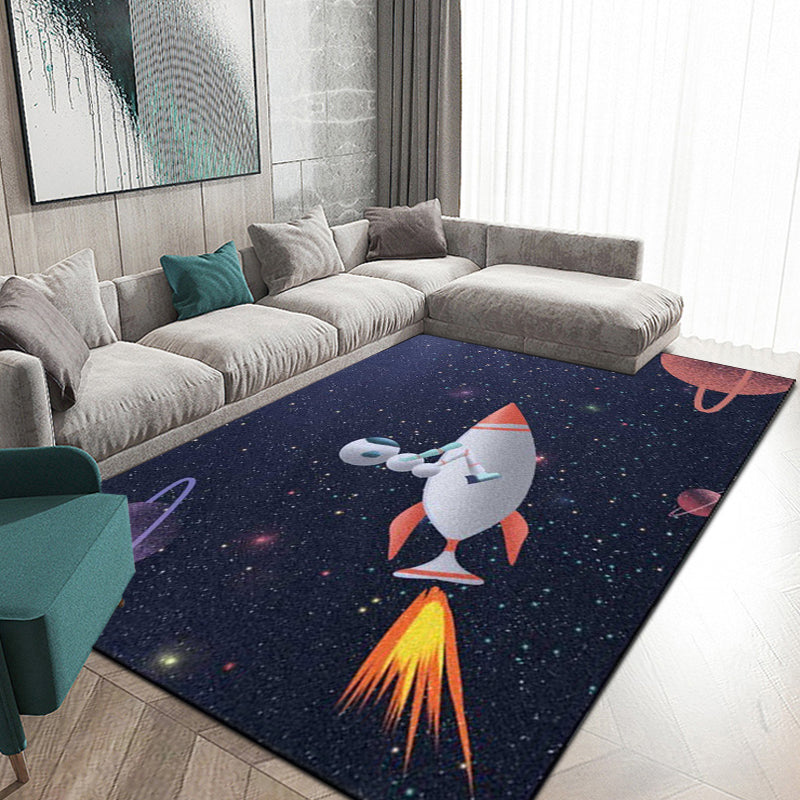 Sikunuo | Kids Bedroom Carpet in Blue Outdoor Space Galaxy Rockets Astronaut Print Carpet Polyester Non-Slip Backing Area Rug