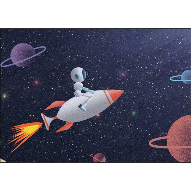 Sikunuo | Kids Bedroom Carpet in Blue Outdoor Space Galaxy Rockets Astronaut Print Carpet Polyester Non-Slip Backing Area Rug