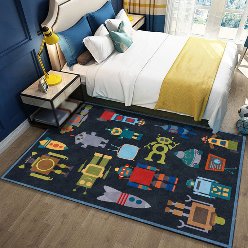 Sikunuo | Unique Children's Carpet in Blue Extraterrestrial Robot Rocket Pattern Carpet Polyester Non-slip Underlay Carpet for Children's Room