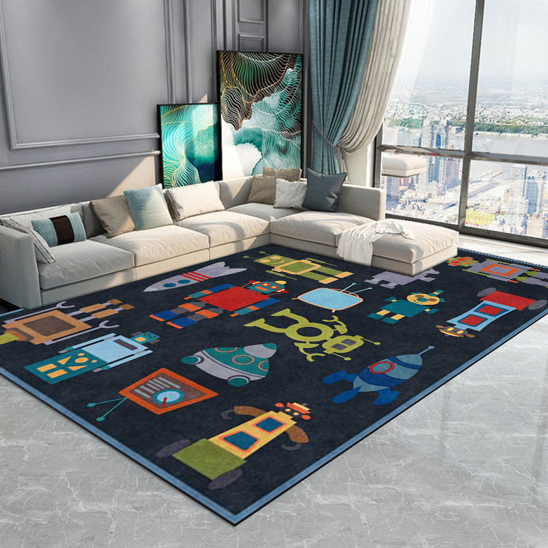 Sikunuo | Unique Children's Carpet in Blue Extraterrestrial Robot Rocket Pattern Carpet Polyester Non-slip Underlay Carpet for Children's Room