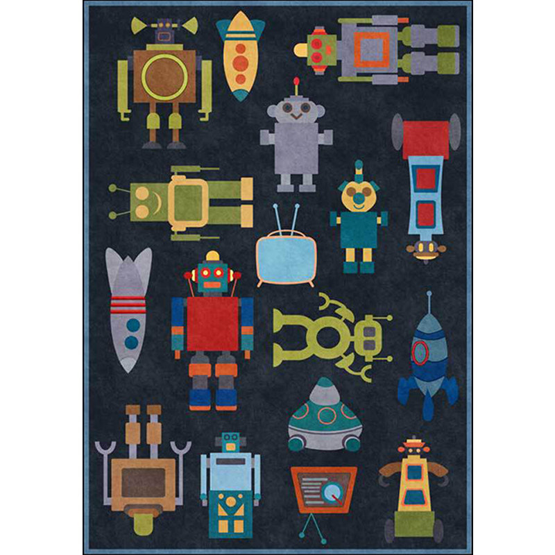 Sikunuo | Unique Children's Carpet in Blue Extraterrestrial Robot Rocket Pattern Carpet Polyester Non-slip Underlay Carpet for Children's Room