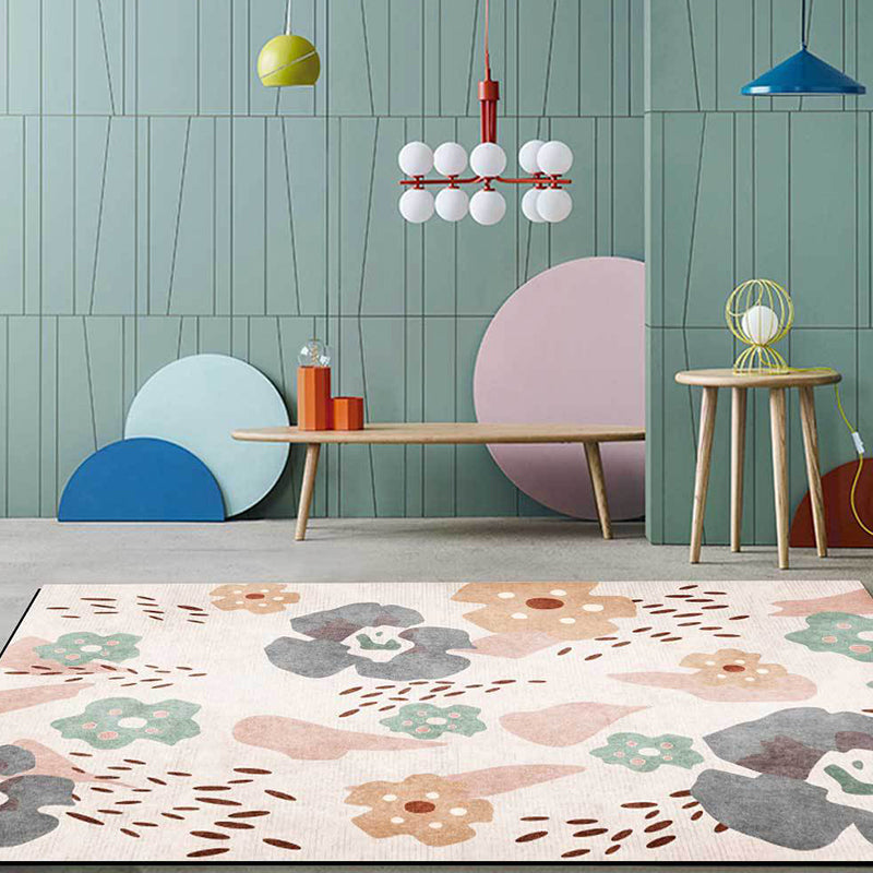 Sikunuo | Pink Kids Room Carpet Kids Floral Pattern Carpet Polyester Anti-Slip Mat Carpet