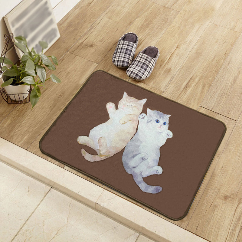 Sikunuo | Kids Children's Room Carpet in Brown Animal Cat Lying Print Carpet Polyester Non-Slip Washable Carpet